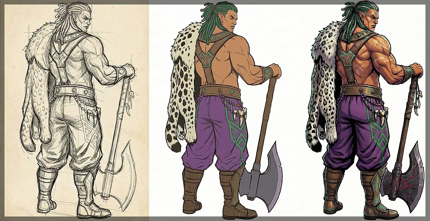 Valefor 2: Three-panel concept art of warrior with axe, leopard cloak, purple pants.
