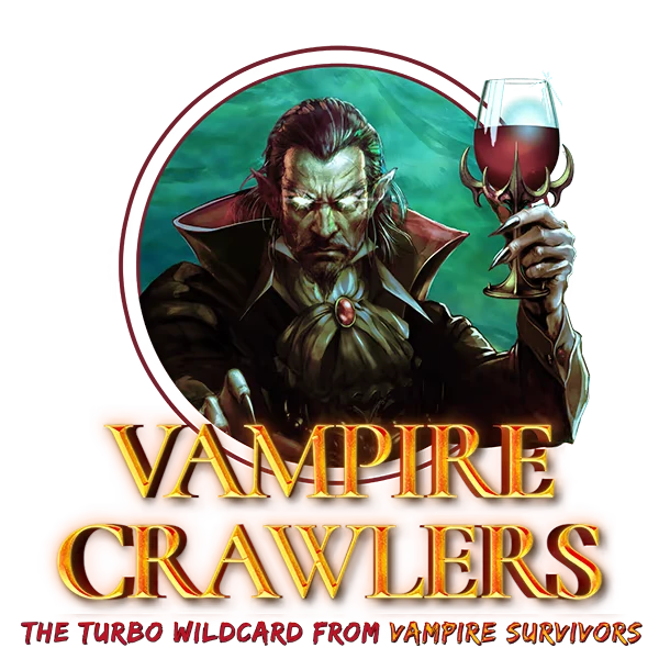Vampire Crawlers: Vampire raises blood goblet above glowing gold VAMPIRE CRAWLERS logo.
