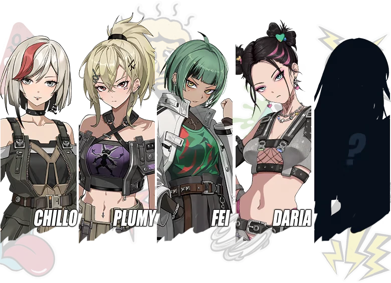 Character Roster Screen – Ved: Recure Ved: Four anime women labeled CHILLO, PLUMY, FEI, DARIA, plus ? silhouette.