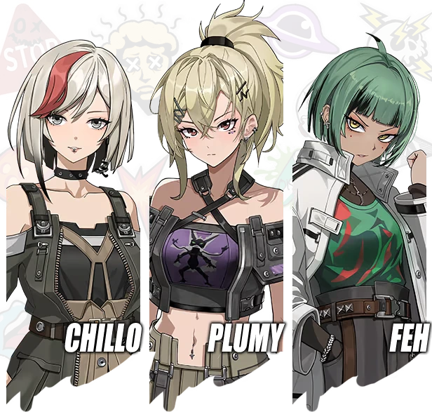 Ved: Three characters with styled hair and outfits, labeled Chillo, Plumy, and Feh.