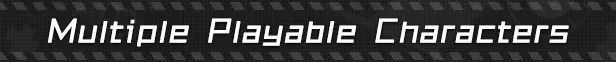 Ved: Text "Multiple Playable Characters" in white, futuristic font on a dark, striped background.