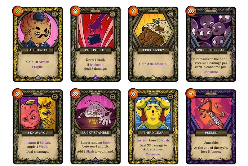 Vegangsters: Eight colorful cards with characters, actions, and effects like "Gain 10 Armor."