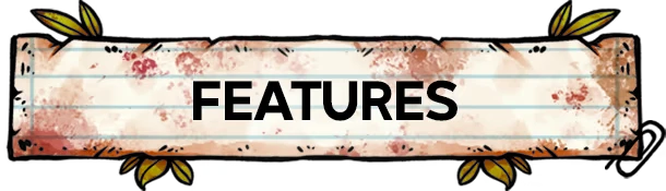 Vegangsters: A weathered sign with "FEATURES" in bold black text, adorned with leaves.