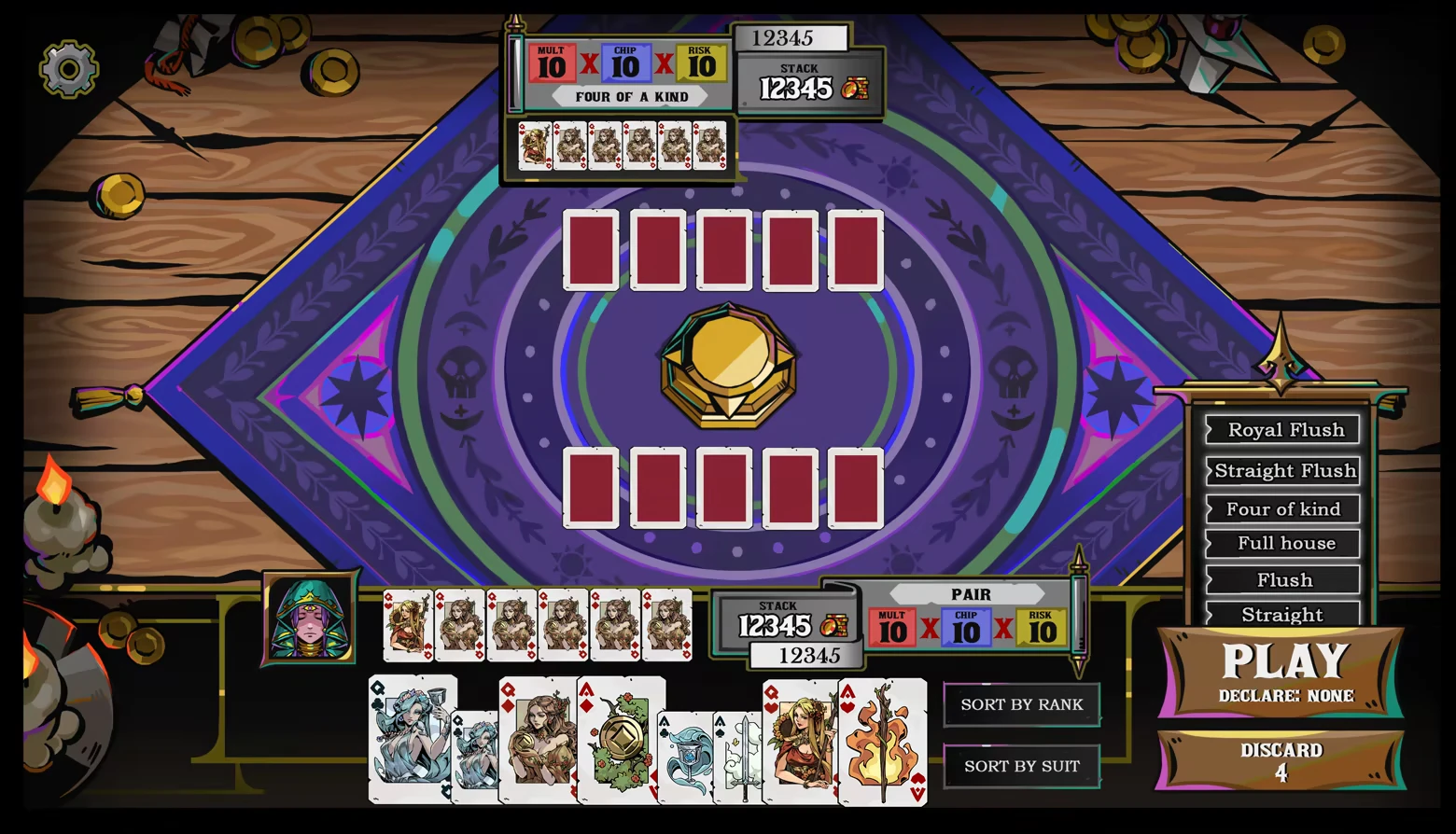 VELATO: Poker table UI with cards, hand list, and large PLAY button on right.