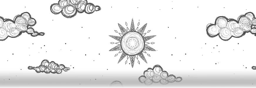 Vem, Exu: Black-and-white sketch of a starburst sun amid dotted sky and clouds.