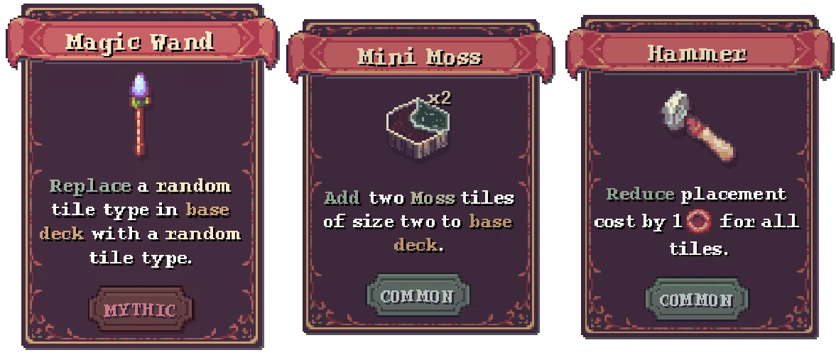 Vena: Three cards titled Magic Wand, Mini Moss, and Hammer with pixel art and text descriptions.