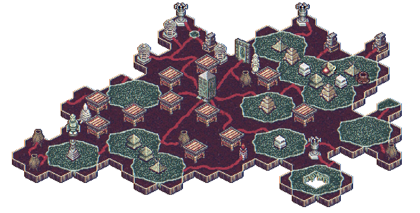 Vena: Isometric hex-tile map with trees, structures, and pathways on a dark background.