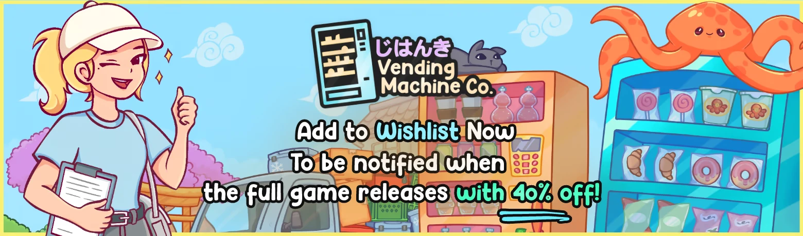 Vending Machine Co.: Smiling character with clipboard, octopus on vending machine, colorful snacks.