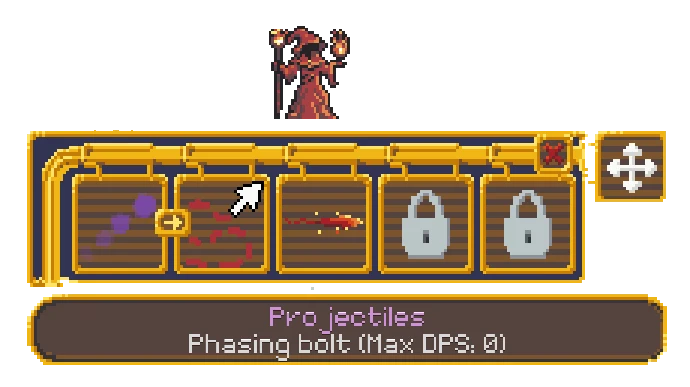 Vespia: A robed figure raises hands, UI shows cards with locks, text reads "Pro jectiles Phasing bolt (Max DPS: 0)".