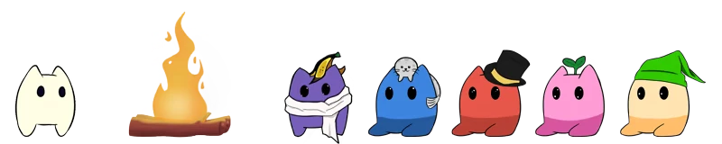 Pilo Variants – Vextorial Vextorial: Seven colorful creatures with unique hats sit around a campfire on a white background.