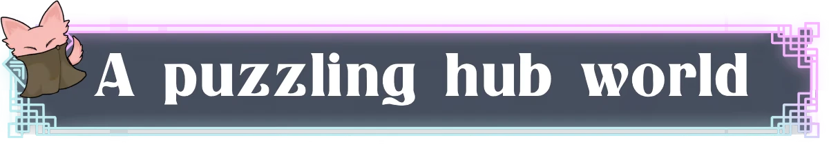 Puzzling Hub World – Vextorial Vextorial: Pink creature with scarf beside text "A puzzling hub world" on dark banner.