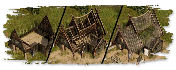 Viking City Builder: Three stages of a Viking house construction on grassy terrain.