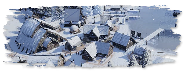 Viking City Builder: Snow-covered village with wooden houses, docks, and scattered figures.