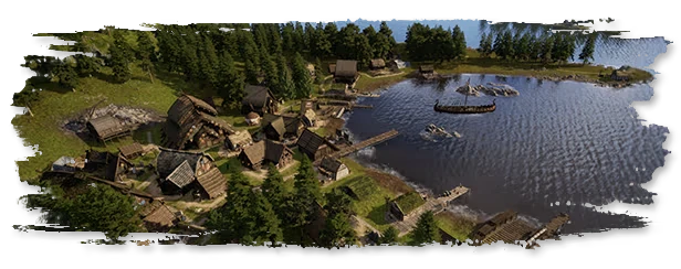 Viking City Builder: Aerial view of a Viking village by a lake, with wooden huts and longships.