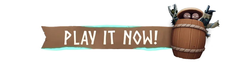 Vilde: "PLAY IT NOW!" text on a wooden banner with a character hiding in a barrel.