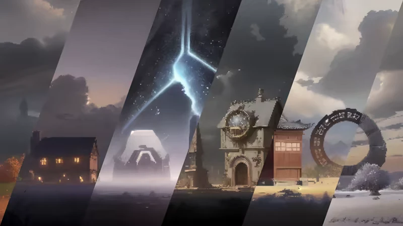 Villages & Dungeons: Five vertical scenes with houses, a portal, and a glowing sky fissure.