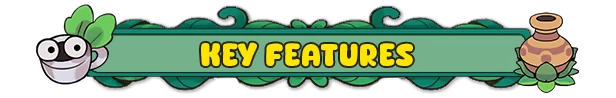 Vinebound: A banner with "KEY FEATURES" in bold yellow text, flanked by a plant pot and vase.