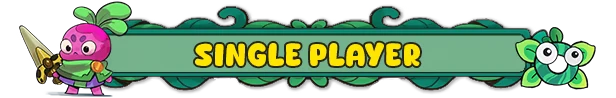 Vinebound: A pink character with a sword stands beside "SINGLE PLAYER" text on a leafy banner.