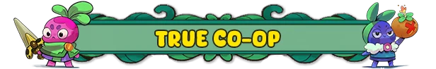 Vinebound: Two cartoon characters flank a banner reading "TRUE CO-OP" in bold yellow text.