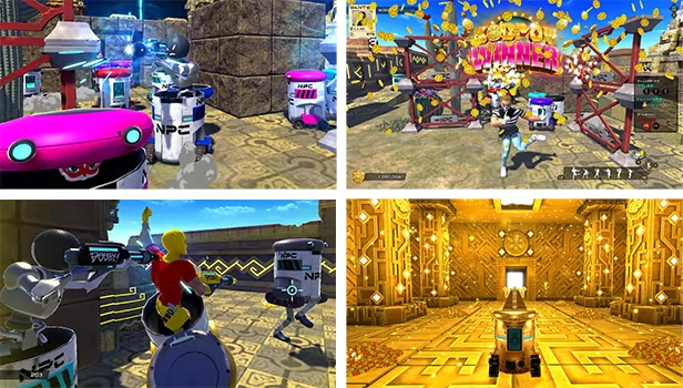 VIVA NOBOTS: Four scenes with robots, NPC labels, gold coins, and a "WINNER" sign.