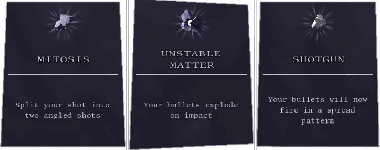 Upgrade Card Selection – Vivid Intrusion Vivid Intrusion: Three upgrade cards: MITOSIS, UNSTABLE MATTER, SHOTGUN, gray text.