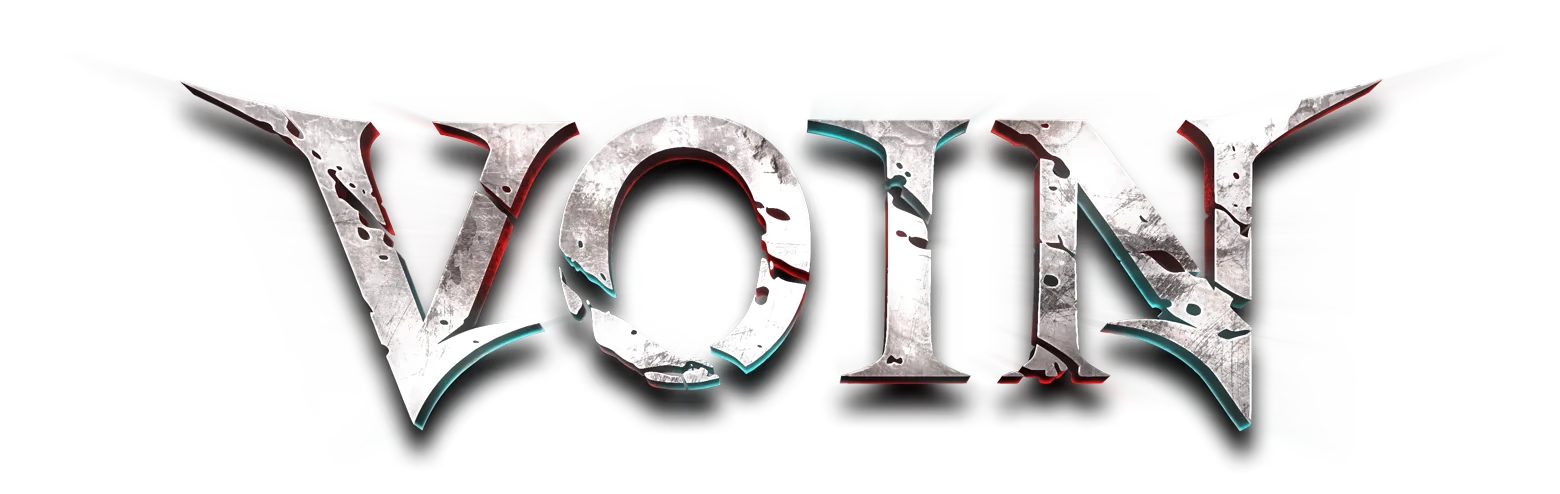 Logo Design – VOIN VOIN: Metallic, jagged text with red and blue accents, resembling cracked stone.