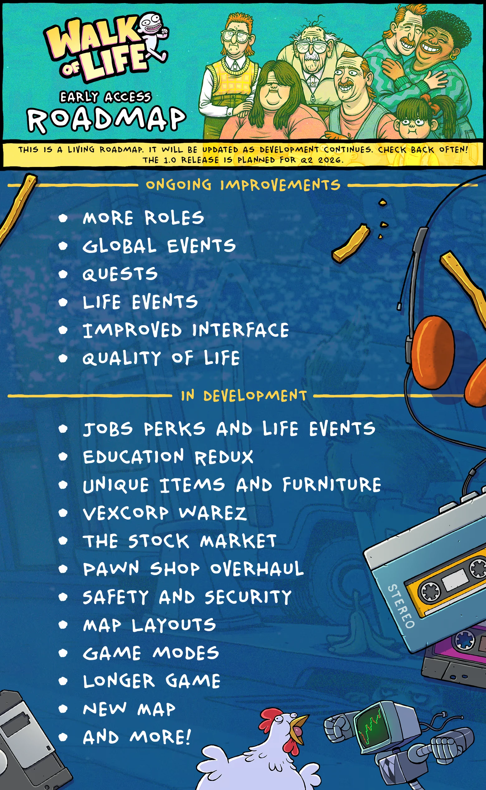 Walk of Life: Cartoon characters above a roadmap with game updates and a chicken with a robot.