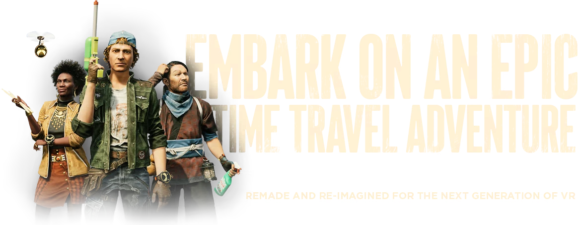 Epic Time Travel – Wanderer: The Fragments of Fate Wanderer: Three characters with gadgets, bold text "EMBARK ON AN EPIC TIME TRAVEL ADVENTURE".