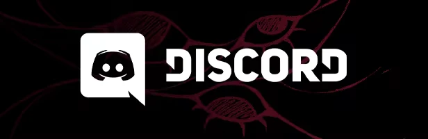 Wandering Monolith: Discord logo in white, bold text on black with red eye-like patterns.