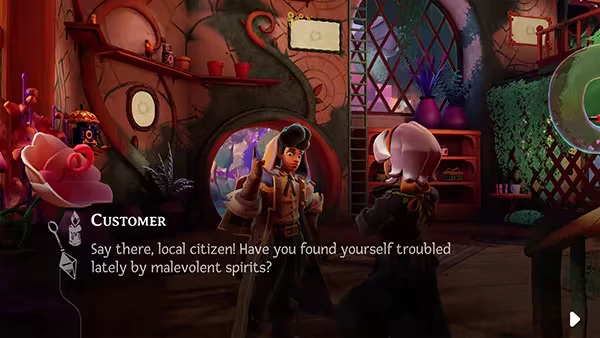 Conversation Interior – Wanderstop Wanderstop: Two characters converse in a cozy room with plants, shelves, and a circular window.