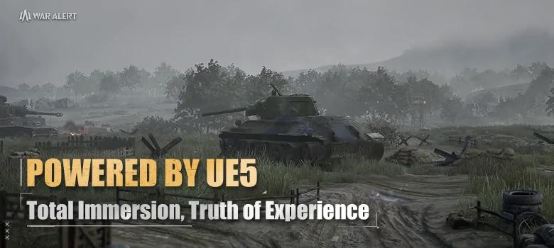Battlefield Tanks – War Alert War Alert: Tanks advance through foggy terrain with "Powered by UE5" text in bold yellow.