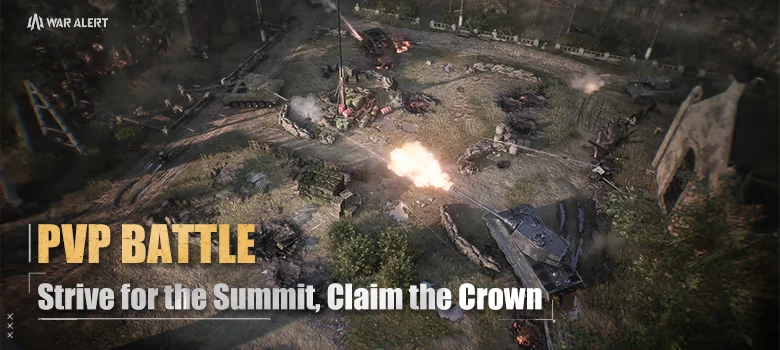Pvp Battlefield – War Alert War Alert: Tank firing in battle scene with "PVP BATTLE" text in bold yellow letters.