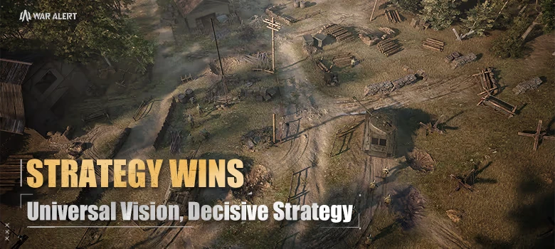 Strategy Wins – War Alert War Alert: Aerial view of battlefield with soldiers, tank, and text "STRATEGY WINS" in bold.