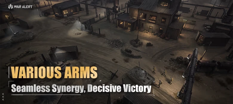 Various Arms – War Alert War Alert: Soldiers and tanks advance in a dimly lit industrial area with text "VARIOUS ARMS".