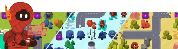 Warbits+: Red character with a headset, holographic display, and colorful battlefield scenes.