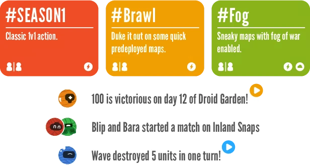 Warbits+: Three colorful cards labeled #SEASON1, #Brawl, #Fog with game updates below.