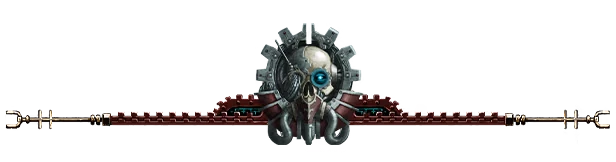 Warhammer 40,000: A skull with a blue eye, surrounded by gears and cables, flanked by red rods.