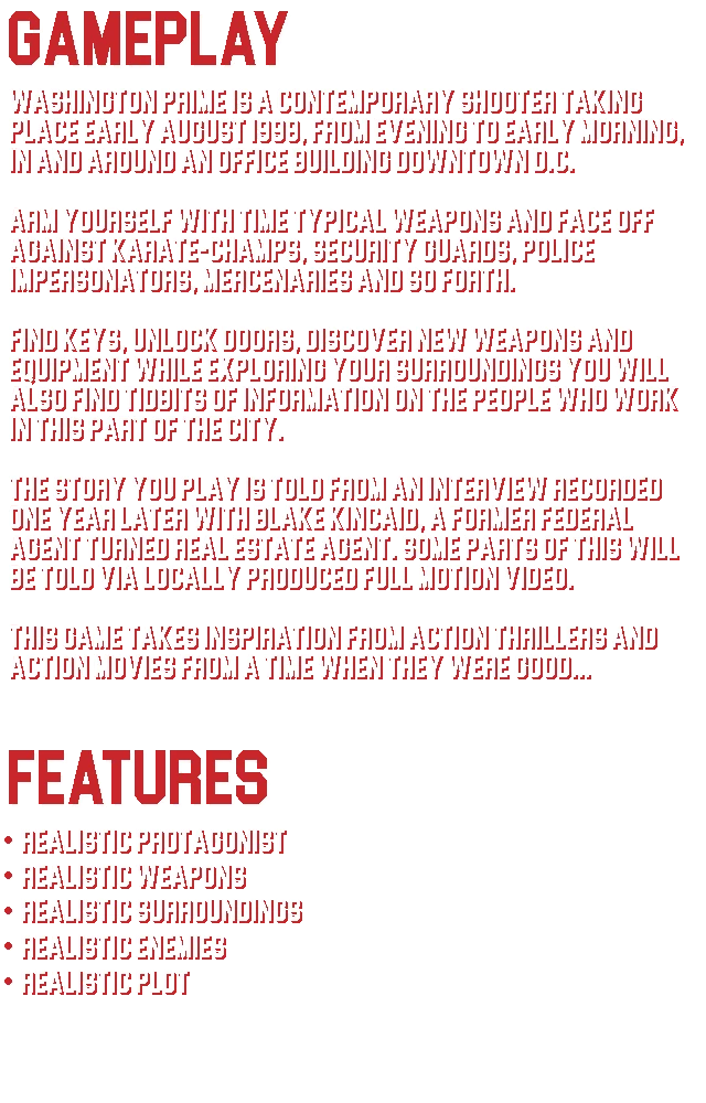 Gameplay Features Text – Washington Prime Washington Prime: Red-and-white pixel text page with headings “GAMEPLAY” and “FEATURES”.