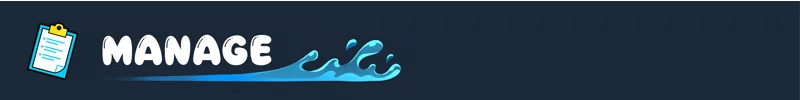 Waterpark Simulator: Blue clipboard icon and "MANAGE" text with water splash effect.
