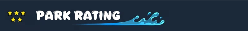 Waterpark Simulator: Three yellow stars, "Park Rating" text with blue wave graphic on dark background.