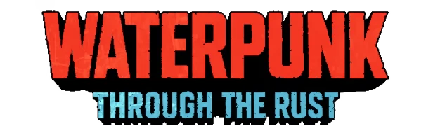 Waterpunk: Bold red title with distressed texture, blue subtitle on a black background.