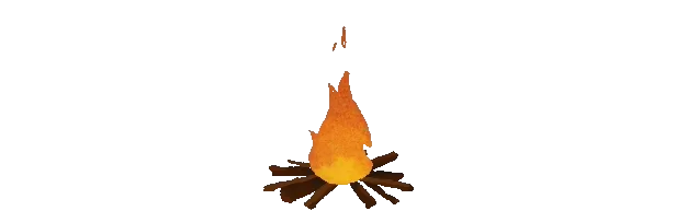 We, Junk Artists: Glowing orange campfire flame above crossed brown logs on black background.