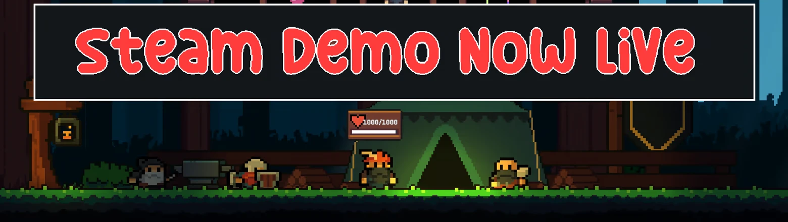 Steam Demo Banner – We Need An Army We Need An Army: Banner text “Steam Demo Now Live” above pixel camp and tent scene.