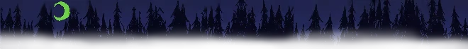 Welcome to Elderfield: A pixelated crescent moon above dark, silhouetted pine trees at night.