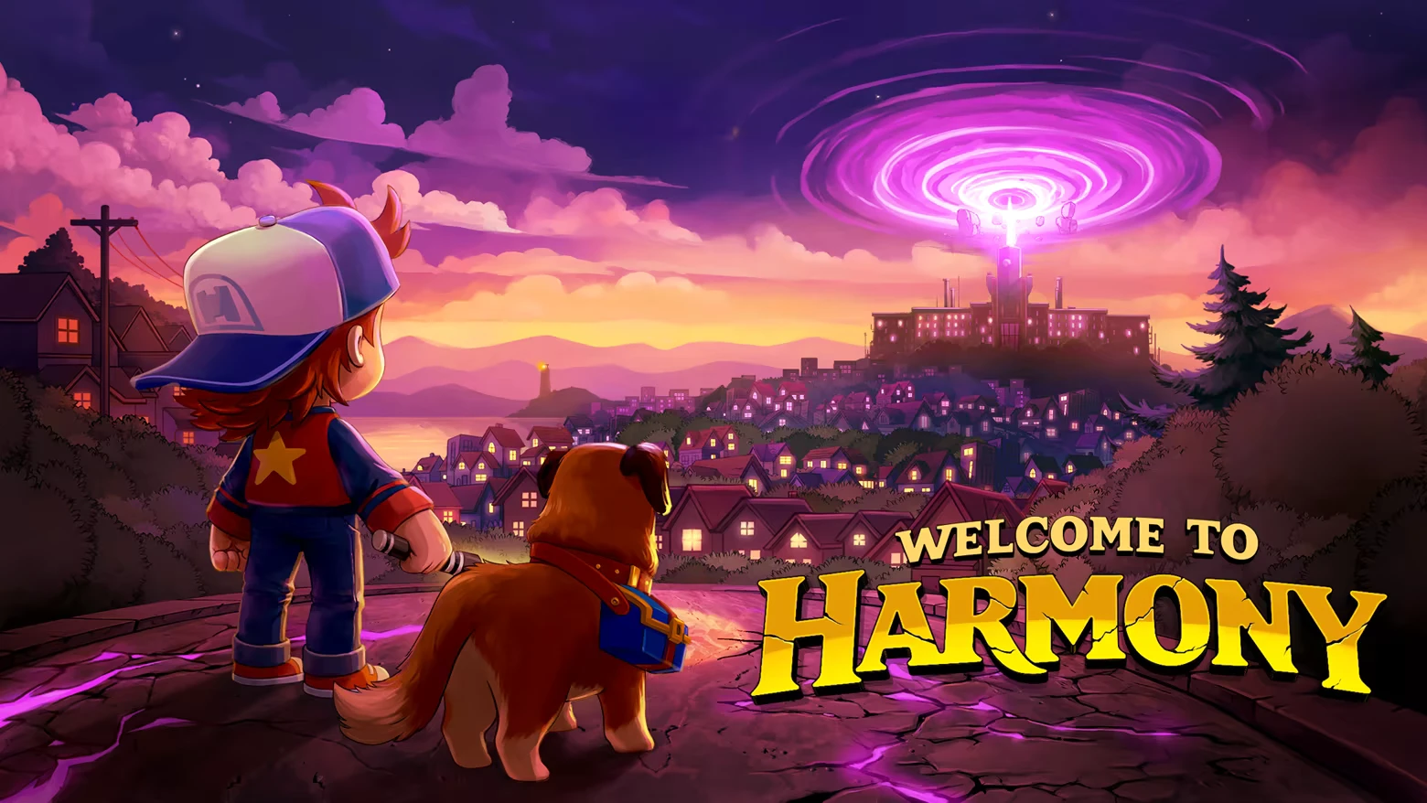Welcome to Harmony: Boy and dog watch purple vortex over town; bold yellow title text.