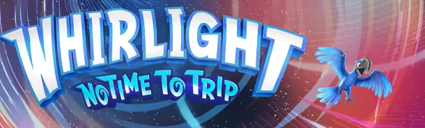 Whirlight: Bold white and blue title with a vibrant blue bird on a swirling cosmic background.