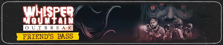 Whisper Mountain Outbreak: Title in distressed font, tentacles, characters with flashlight, eerie face.