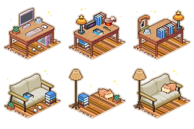 Whisper of the House: Pixel art desks, sofas, books, and a sleeping cat on cozy rugs with stars.