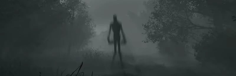 Whispering Fog: A shadowy figure stands in a foggy forest path, flanked by dark trees.