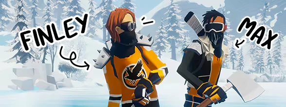 Character Intro – Wild Ice Wild Ice: Two masked players on ice; bold text “FINLEY” and “MAX” with arrows.